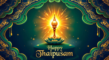 Divine glowing golden structure on a lotus base framed by green ornamental archway for happy thaipusam festival celebrating lord murugan spiritual power