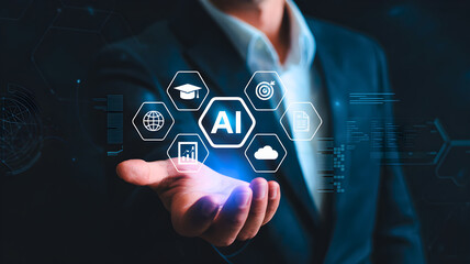 Businessman showcasing artificial intelligence concepts and future technology integration in a modern digital environment, symbolizing innovation and smart solutions