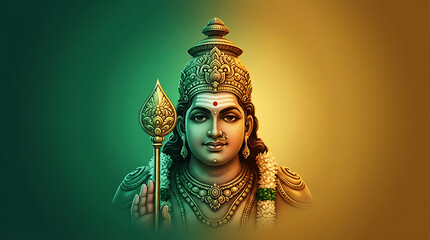 Divine face close up of lord murugan holding sacred vel spear with vibrant lighting for thaipusam festival and tamil hindu spiritual art designs