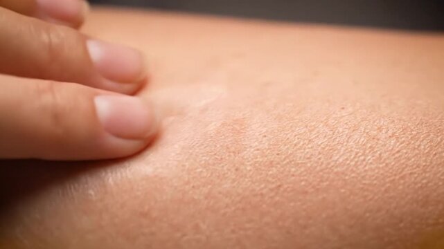 Close-up of fingers touching skin with visible pores and a slight bump