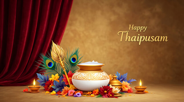 Decorative composition with milk pot golden vel spear flowers and peacock feathers for happy thaipusam celebration honoring the hindu deity lord murugan