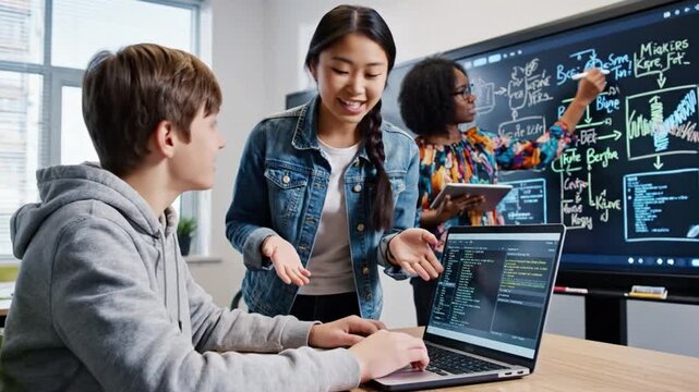 Innovating Minds at Work: Three young minds collaborate around a laptop and interactive display.