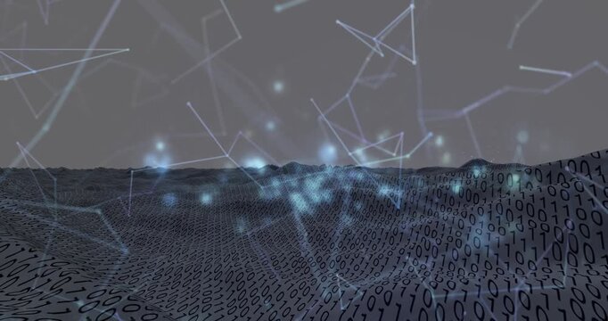 Animation of glowing blue spots and network of connections against binary coding over digital wave