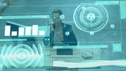 Animation of data processing and analysing on screen over cityscape - Powered by Adobe