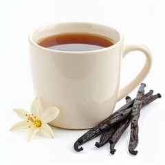 Aromatic vanilla tea served in a creamy mug, presented against a pristine white backdrop