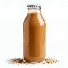 Oatmeal beverage in clear bottle with scattered oats in white background