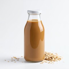 Creamy oat milk in a glass bottle with a white cap on a white backdrop