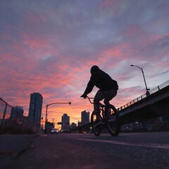 Naklejka premium BMX Rider Silhouetted Against Vibrant Urban Sunset Sky