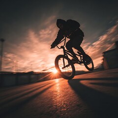 Naklejka premium Dynamic Silhouette of BMX Rider Against Golden Sunset Sky with Motion Blur