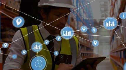 Animation of network of connections over caucasian male worker in warehouse - Powered by Adobe