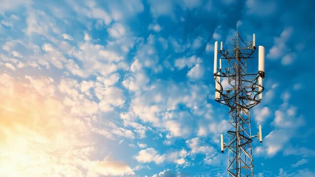 Telecommunication cell tower against a beautiful cloudy sky