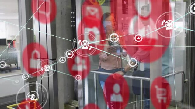 Animation of connections with icons over icons and diverse businesspeople in elevator