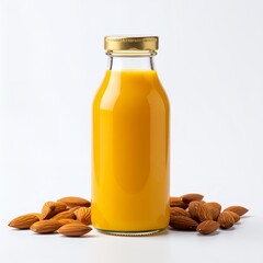 Refreshing almond drink in a glass bottle with a golden cap on a white background