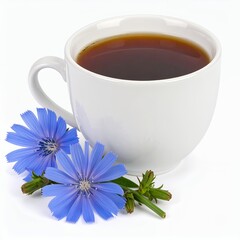Chicory Blossom Tea Cup Still Life Against a Clean, Crisp White Canvas