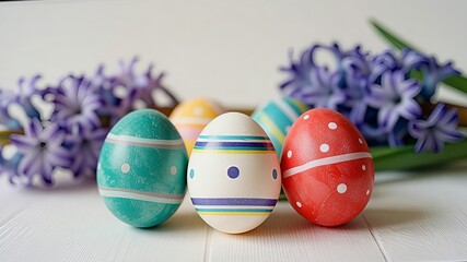 Vibrant Decorated Easter Eggs with Spring Hyacinth Flowers