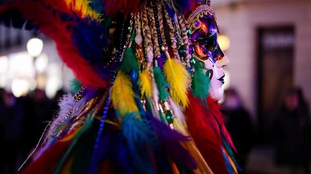 Man in a carnival costume and mask at the Mardi Gras festival