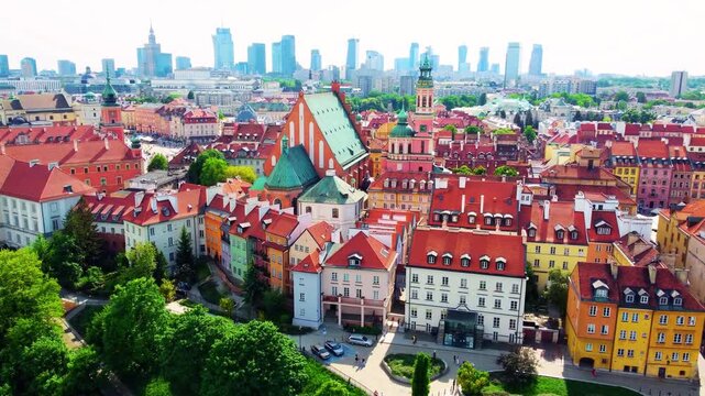 Aerial Drone View Of Colorful Houses And Architecture In Warsaw Downtown, Poland City Skyline, Panoramic European Urban Scene, Clear Sky Daytime, Captured On 27 August 2024