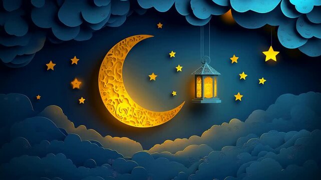 Ramadan Crescent Moon Lantern Night Sky Clouds Stars Islamic Decoration