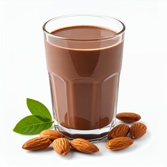 Refreshing glass of chocolate almond milk, captured in a pristine white background setting