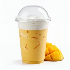 Refreshing mango smoothie with creamy topping on a clean white background