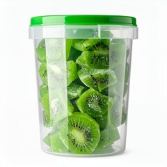 Kiwi fruit slices inside transparent plastic container with green lid on white background