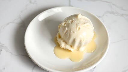 A single scoop of vanilla ice cream on a ceramic plate, showcasing creamy texture with subtle drips against a minimalist marble background.