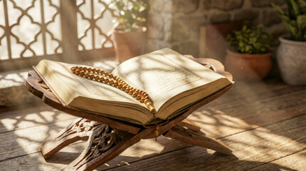 Wooden book stand with open holy book and prayer beads in sunlight