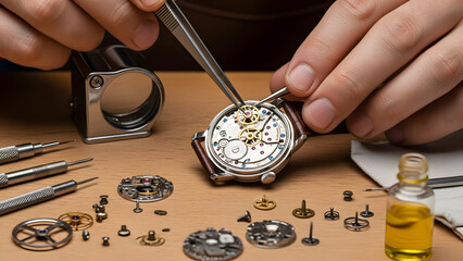 Watchmaker at work repairing a luxury timepiece with precision tools