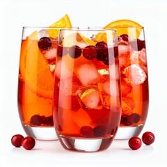 Refreshing fruit infused beverages with ice cubes in a bright white background
