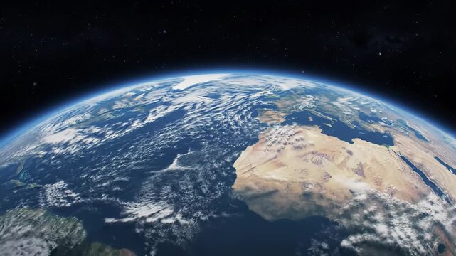 A breathtaking, photorealistic cgi video of earth from high orbit, rotating majestically with razor-sharp deep focus on continents, swirling clouds, and a glowing blue atmospheric halo against a
