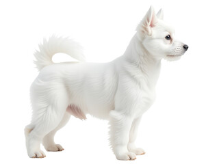 Obraz premium A purebred white dog stands on a clean and minimalist white surface, ready for capture