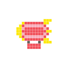 A flat pixel design made of geometric square color blocks on a clean icon layout. Pixel art zeppelin © Adpragus