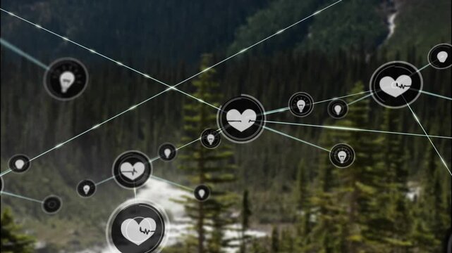 Animation of network of digital icons over landscape with tall trees and river