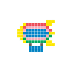 A flat pixel design made of geometric square color blocks on a clean icon layout. Pixel art zeppelin © Adpragus