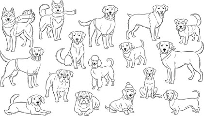 Fototapeta premium Cute Dog Breeds Collection Hand Drawn Line Art Sketch Vector Illustration Set