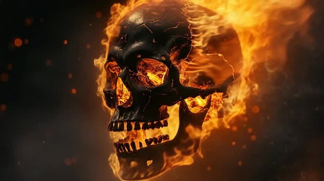 Burning black skull screaming in hellfire flames