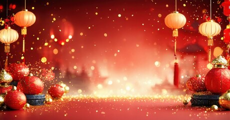 Festive scene. Red lanterns, golden sparkles create celebratory mood. Warm lighting, blurred background suggest joyous occasion.