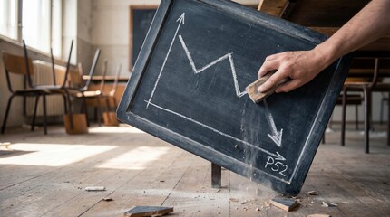 Erasing declining business graph on chalkboard in empty classroom