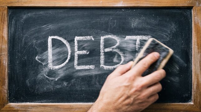 Erasing debt concept with hand holding eraser on chalkboard