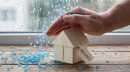 Protected home with insurance coverage and falling blue beads