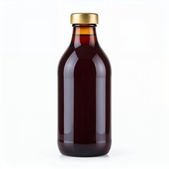 Amber liquid in a bottle with gold cap, isolated on a pristine white background