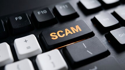 Cyber Security Concept Showing a Keyboard with a Dedicated Orange Scam Key for Online Fraud Awareness