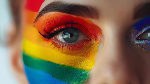 Woman's eye with colorful rainbow flag pride makeup