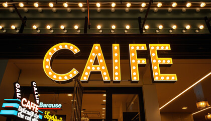 Glowing Cafe Marquee A sleek, glowing cafe marquee with stylized, backlit lettering and a dynamic,