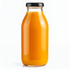 Refreshing orange juice in a glass bottle with black cap on white background