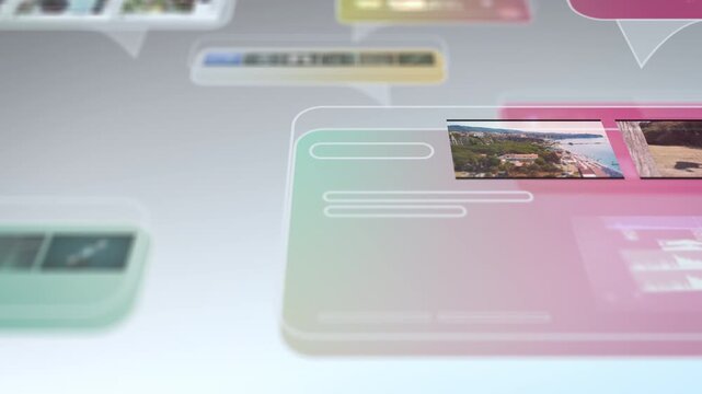 Minimal white interface animation featuring floating data windows, translucent UI cards and structured information layers, representing digital workflows, data organization and modern online systems.