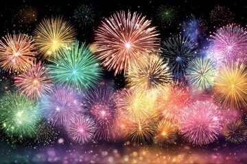 Fototapeta premium Festive Colorful Fireworks Exploding Against a Black Background Celebrating Joyful Holiday Occasion with Vivid Oranges Reds Whites Greens Pinks and Purple Bursts