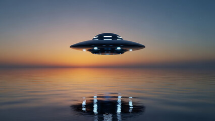 Mysterious UFO hovers above calm ocean waters at sunset