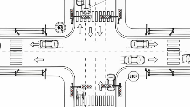 Top view of a busy intersection with cars and traffic signals.