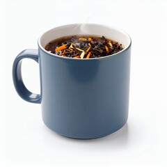 Aromatic herbal infusion in a blue mug on a clean white background displays refreshment